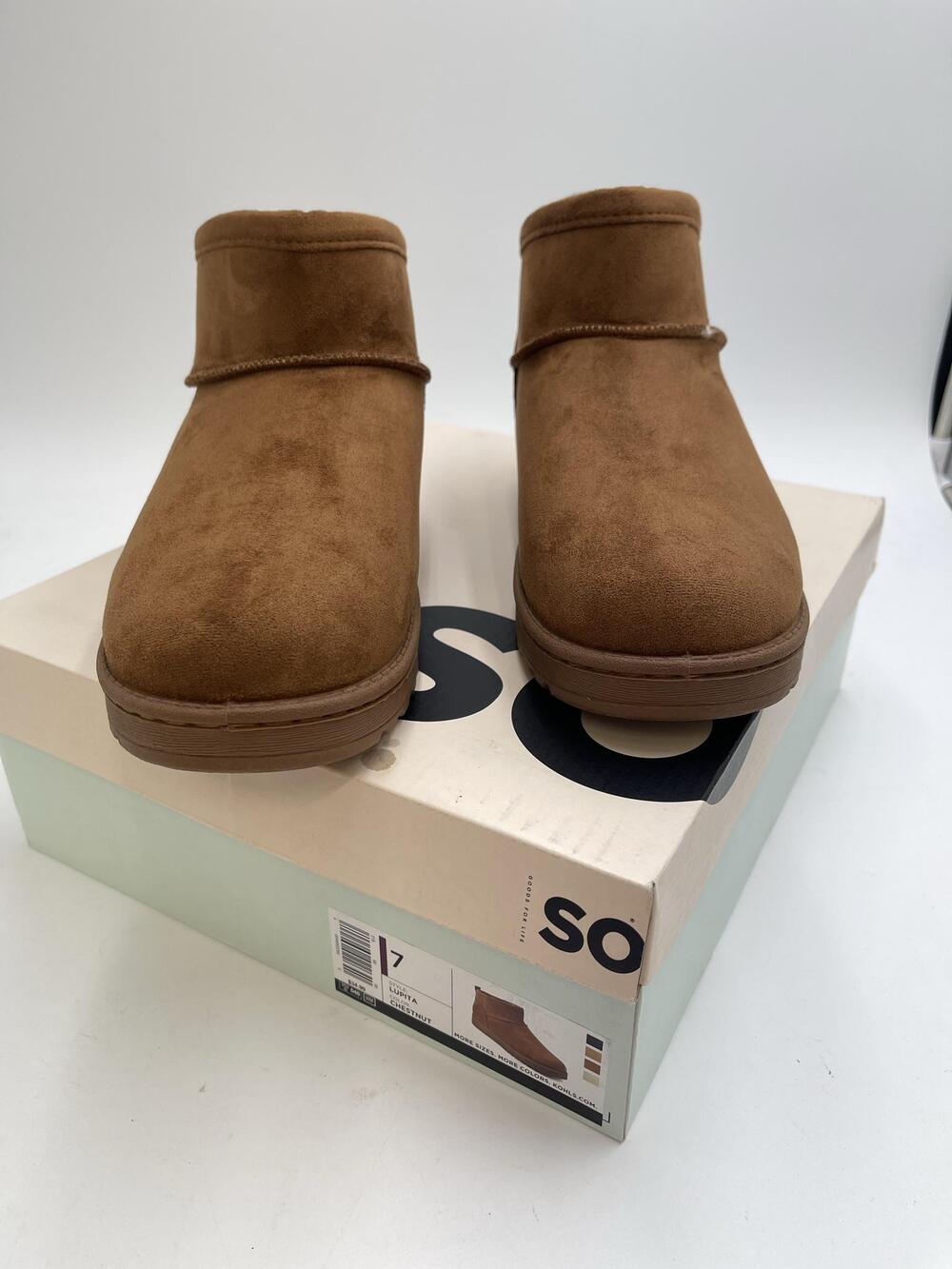 SO Lupita Boots Womens Chestnut Brown Faux Suede Ankle Pull On Booties New Sz 7